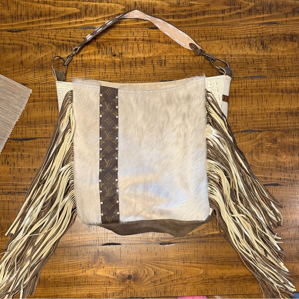 Stylish Beige and Brown Fringe Shoulder Bag